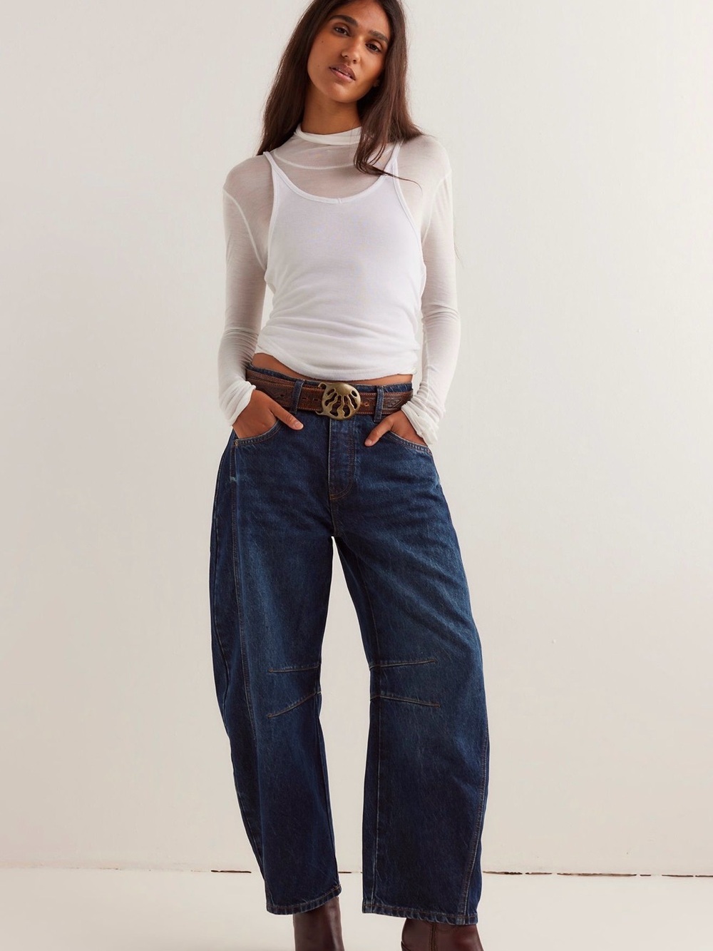 Free People We the Free Good Luck Mid-Rise Barrel Leg Jeans | Deep End | Size 29